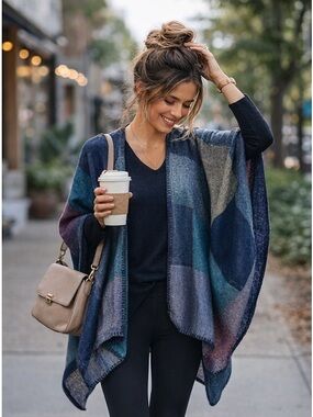 Boho Knit Poncho Cape – Blue Purple Colorblock Wrap Shawl– One Size